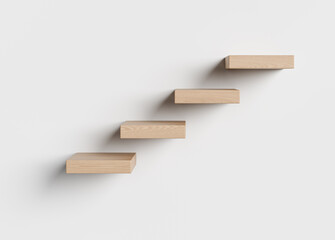 Wooden floating steps on white wall background in modern minimalist mock up design with space for copy and creative display concepts. 3D Rendering