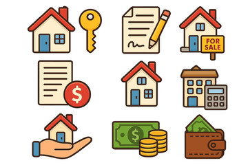 Real estate icon set. Vector icons for property business, home buying, investment. House for sale, mortgage contract, key, finance, loan and rent symbols. Cartoon style.