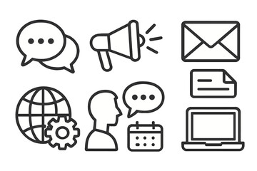 Communication icon set. Business and marketing outline symbols. Vector collection with megaphone, chat, email, laptop, calendar and globe. Minimalist linear pictograms for web.
