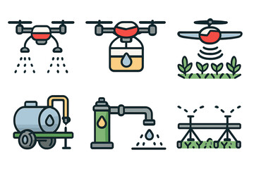 Smart farming icon set with agriculture drone for spraying and irrigation system. Agritech water management, crop sprayer, and precision farming vector illustration collection.