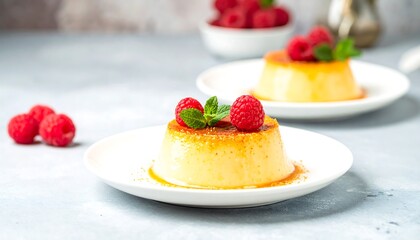 Two creamy custard desserts, topped with fresh raspberries and mint leaves, sit on white plates against a light gray surface.