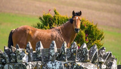 A brown horse stands alertly on a weathered stone wall, overlooking a vibrant green field and colorful bushes.