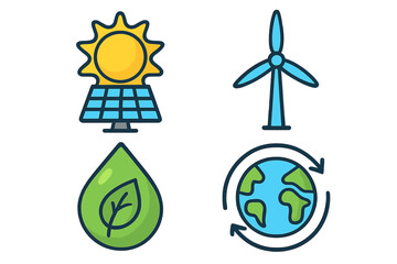 Renewable energy icon set. Green power concept with solar panel, wind turbine, and eco symbols. Sustainable technology and environmental care vector illustration collection.