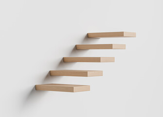 Minimalist floating wooden shelves mock up on white wall background with clean space for design, branding, or product presentation concept. 3D Rendering