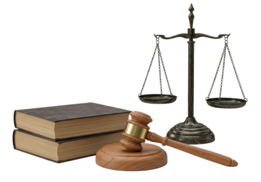 Pristine vintage scales of justice, wooden judge's gavel, and stacked leather law books on a transparent background, diffused studio lighting, concept of legal authority and integrity