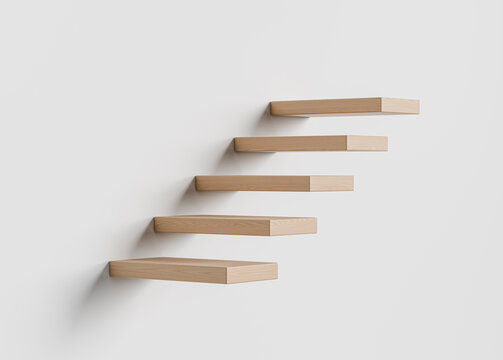 Minimalist floating wooden shelves mock up on white wall background with clean space for design, branding, or product presentation concept. 3D Rendering