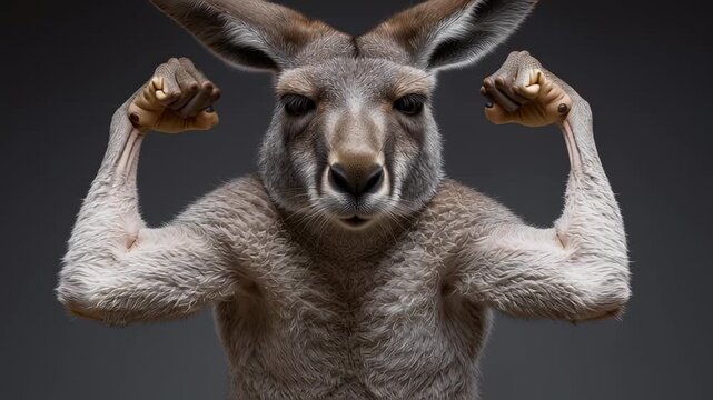 A muscular kangaroo, showing off its strength by flexing its biceps. The surrealistic, funny, and powerful image portrays a strong, confident animal with a humanlike pose.