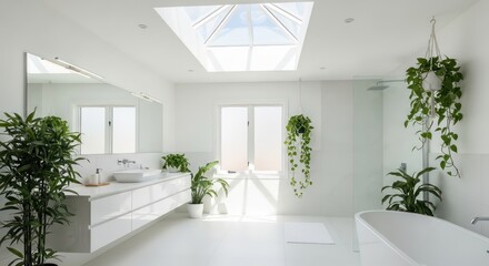 Bright and airy modern bathroom with lush greenery