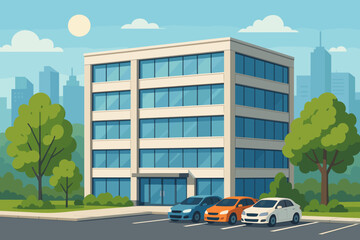 Modern office building exterior with parking lot and cars. Business center or corporate headquarters in a city downtown district. Flat vector cartoon illustration of urban landscape.