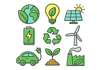 Green energy icon set. Renewable energy symbols. Sustainability and ecology vector illustration. Solar panel, wind turbine, recycling, electric car, and eco friendly technology.