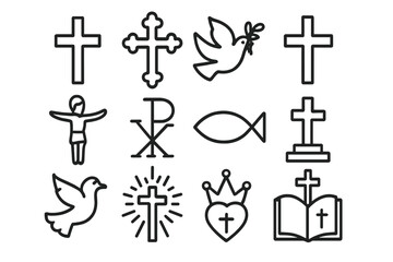 Christian religious symbols vector collection with crosses, doves, ichthys, sacred heart, Chi Rho, open bible, and spiritual icons in simple black and white outline style illustration
