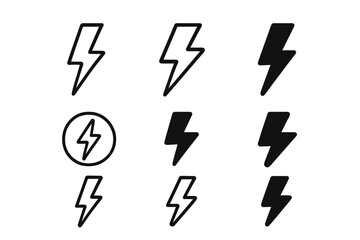 Lightning bolt icon set. Thunderbolt and flash symbols collection. Simple outline and solid glyph pictograms for electricity, power, energy, charge, and danger concepts.