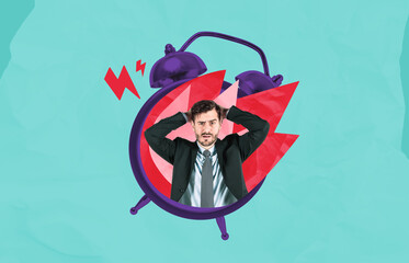 Stressed businessman with hands on head inside alarm clock with