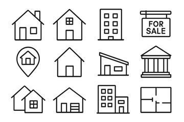 Real estate property outline icon set. Thin line vector home, building, architecture symbols. Includes house, apartment, floor plan, for sale sign, location pin. Simple pictogram.