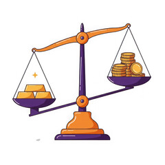 Balance scales with gold bars and coins isolated on transparent background