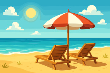 Obraz premium Summer beach vacation scene with two wooden sun loungers under a red and white umbrella on sandy coast, blue sea, sunny sky, and clouds, relaxing leisure vector cartoon illustration.
