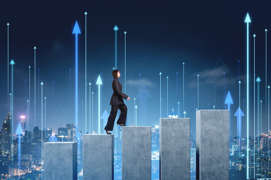 Businesswoman climbing concrete steps with arrows symbolizing gr