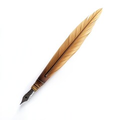 A light brown feather quill pen, angled, against white