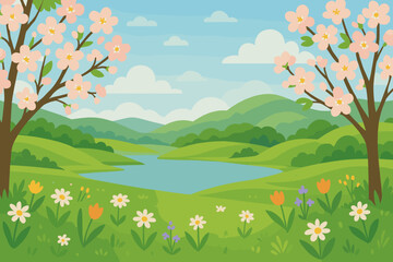 Spring landscape vector illustration. Beautiful nature background with blooming cherry blossoms, wildflowers on green hills, and a tranquil lake. Flat cartoon style for springtime.