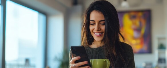 The woman enjoying coffee and checking smartphone in cozy modern cafe interior