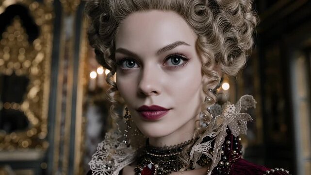A regal woman with a powdered wig and an ornate lace collar looks intently at the camera. Her historical appearance is complemented by a richly decorated, old-world room.