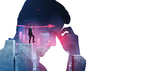 Thoughtful businessman climbing success steps illustrated inside a head silhouette with digital business graphics and upward arrow concept on white background.