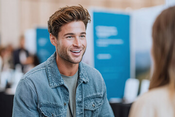 Engaging shot of a smiling young man, possibly a student, attending a career fair or networking event. Represents opportunity, success, and positive interaction.