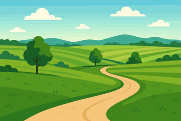 Obraz premium Serene countryside landscape vector illustration. Rolling green meadows, sweeping fields, winding path, blue sky, fluffy clouds. Modern flat cartoon style. Tranquil rural nature scene backdrop.