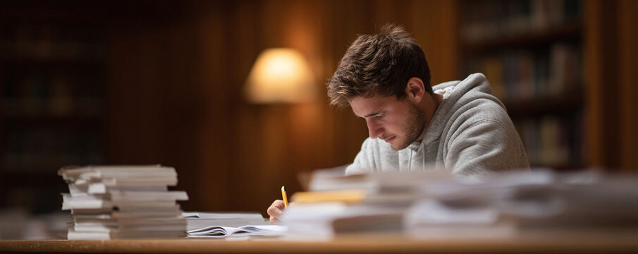 Intense study session in a warmlit library. Focused student working hard amidst stacks of books. Represents dedication, learning, and the pursuit of knowledge. - Powered by Adobe