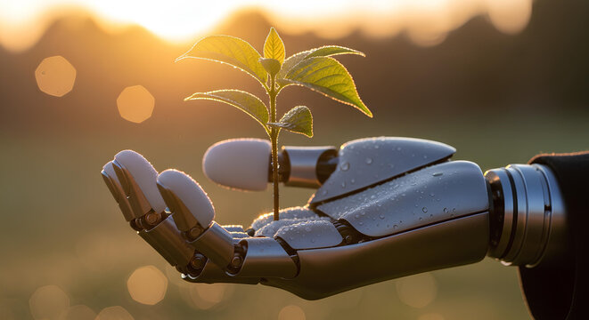 Robot hand holding a green plant, future of sustainable technology and nature. AI for environmental sustainability, a robotic hand with a seedling represents the future of green technology.