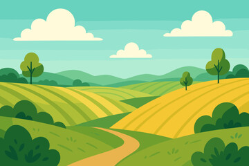 Obraz premium Vibrant rolling hills landscape vector illustration. Cartoon green meadows, farmland, and agricultural fields with trees, clear blue sky, fluffy clouds. Summer spring countryside background design.