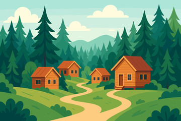 Summer forest landscape with wooden cabins, hiking trail, pine trees, nature scenery, eco-friendly vacation, rural getaway, cartoon style vector illustration, outdoor adventure concept