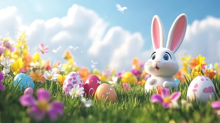 Fototapeta premium Cute bunny surrounded by colorful Easter eggs and flowers in a grassy field