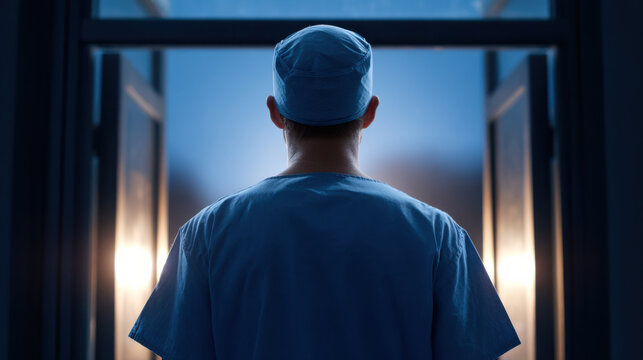 Surgeon in scrubs and cap standing in hospital corridor with open doors and soft lighting creating calm and focused atmosphere