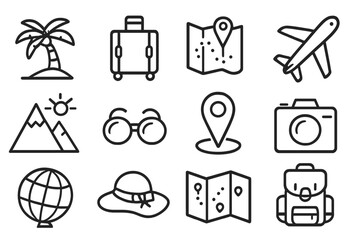 Travel and Tourism Line Icon Collection &ndash; Vacation, Trip, Adventure, Journey Essentials. Vector Cartoon Style with Transparent Background. Luggage, Plane, Map, Globe, Mountains, Backpack, Sun, Camera