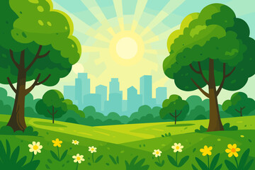 City park vector illustration with green lawn and trees. Summer landscape with flower meadow and city skyline silhouette in background. Urban nature concept for design.