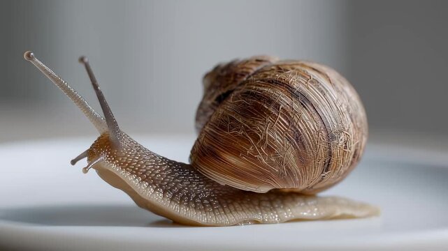 A small snail with a striped shell slowly crawls forward on a white plate, its soft body and long antennae visible in a detailed, close-up view.