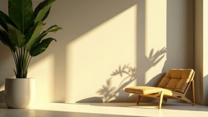 minimalist living space with a cream sofa and palm plant, casting soft shadows on clean wall, concept of interior design and home decor