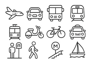 Outline icon set of transportation, public commuting, and travel symbols. Vector illustration for mobility concepts: airplane, car, bus, train, tram, scooter, bicycle, taxi, metro, walking, sailing.