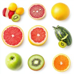 Colorful fruit slices and whole fruits arranged in a grid on a white background