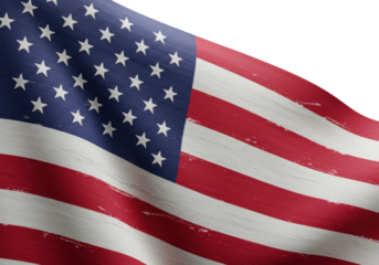 a modern, abstract, highly textured american flag with prominent brushstroke-like textures, vibrant red, white, and blue, isolated against a transparent background with copy space, concept of