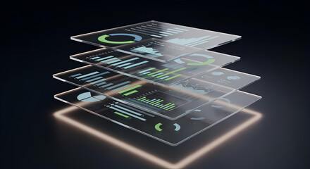 Futuristic Data Analytics Dashboard Interface, Business Intelligence and Financial Data Visualization, Digital Dashboard with Infographics for Corporate Statistics and Market Analysis.