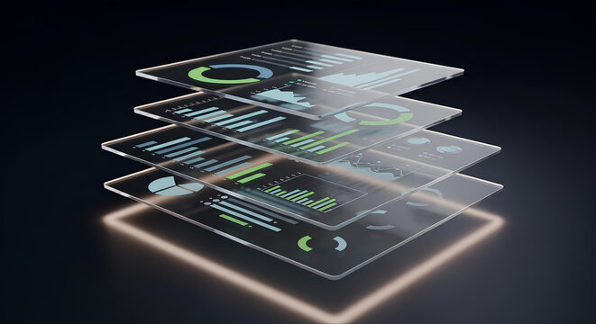 Futuristic Data Analytics Dashboard Interface, Business Intelligence and Financial Data Visualization, Digital Dashboard with Infographics for Corporate Statistics and Market Analysis.