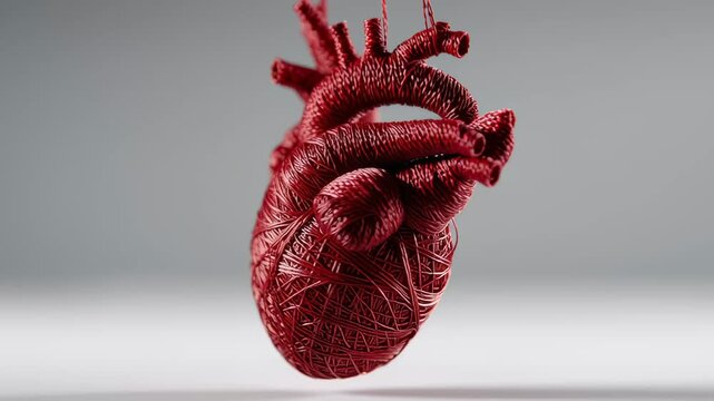 A close-up view of a realistic human heart, suspended in mid-air by a single string. The detailed, textured anatomical model is a powerful symbol of health and life.