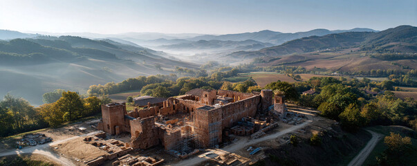 Aerial view of an ancient ruined castle nestled in a serene, misty valley with rolling hills. Evokes history, adventure, and travel. Great for travel blogs.