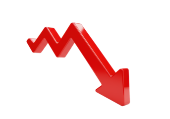 A 3D, ultra-glossy, bright red arrow, sleek and smooth, curving downwards and right on a transparent studio background with copy space, concept of downward trend