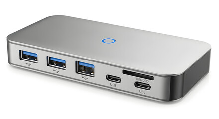 Silver USB Hub with Multiple Ports: USB 3.0, USB-C, and MicroSD Card Reader