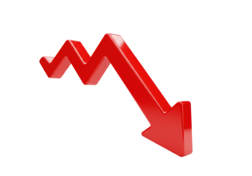 A 3D, ultra-glossy, bright red arrow, sleek and smooth, curving downwards and right on a transparent studio background with copy space, concept of downward trend