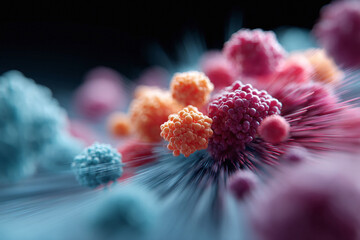 Abstract microscopic view. Colorful cellular structures with motion blur, science concept, biology, medical visualization, viruses, research, health.