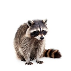 Obraz premium Raccoon seated, looking downward against a plain white background